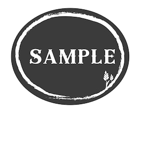 May include: A circular, dark grey graphic with a white, textured border. The word "SAMPLE" is in white, bold letters in the centre. Two small white wheat stalks are on the right side of the circle.