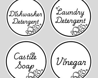 Detersivo per lavastoviglie, sapone di Castiglia, detersivo per bucato, aceto, foglio di etichette adesive, organizzazione della lavanderia in cucina, cereali fatti a mano in piccoli luoghi