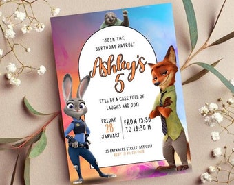 Convite de aniversário Zootopia, modelo editável, festa infantil, download instantâneo, PDF personalizável
