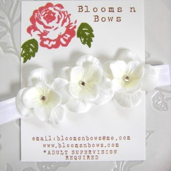 Soft White Triple Hydrangea Bloom satin stretch headband with Crystal centers - portrait accessory Newborns, Infants, Toddlers, Girls