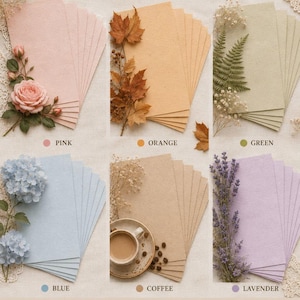 May include: A collection of coloured paper sheets in pink, orange, green, blue, coffee, and lavender, each decorated with botanical elements like roses, leaves, ferns, hydrangeas, coffee, and lavender. Text includes CHOOSE YOUR COLOUR.