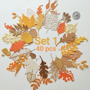 Könnte beinhalten: Eine Sammlung von 40 Papierstanzteilen mit verschiedenen Herbstblättern, Eicheln und Beeren in Orange-, Gelb-, Braun- und Cremetönen. Eine US-Vierteldollarmünze dient als Größenvergleich, der Text Set 1 40 pcs steht in der Mitte.