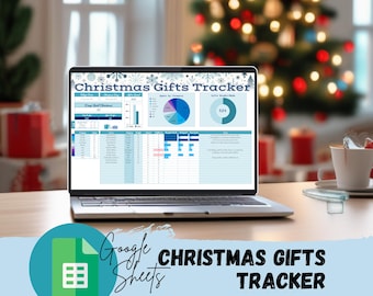May include: A laptop displaying a Christmas Gifts Tracker spreadsheet. The screen shows charts and data tables in blue and white. The image also includes a Google Sheets logo and the text "Christmas Gifts Tracker."