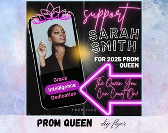 Plantilla de volante de reina del baile, volante de baile de graduación 2025, volante de campaña de baile de graduación, volante de reina del baile de graduación por votación, volante de reina del baile de graduación de escuela secundaria y universidad, rey del baile