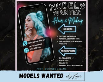 Plantilla de volante "Se buscan modelos": Cabello, pestañas y maquillaje (descarga digital)