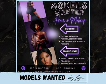 Plantilla de volante "Se buscan modelos": Cabello, pestañas y maquillaje (Canva editable)