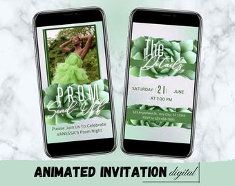 Invitación digital para despedida de graduación, invitación animada DIY para fiesta de graduación, invitación ecológica para fiesta de graduación, tarjeta electrónica editable de Canva con itinerario de despedida de graduación