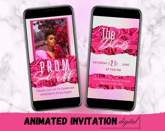 Invitación digital para la despedida del baile de graduación, invitación animada para fiesta de graduación DIY, invitación digital rosa para fiesta de graduación, tarjeta electrónica editable de Canva con itinerario para la despedida del baile de graduación