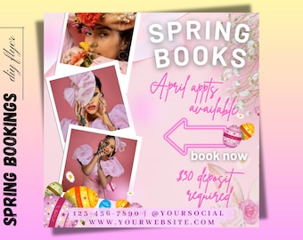 Folleto de reservas de abril, folleto de reservas de primavera, folleto de reservas de Pascua, libros de primavera abiertos, reserva ahora en abril, folleto de peluquería, uñas, pestañas, maquillaje y trenzas en abril