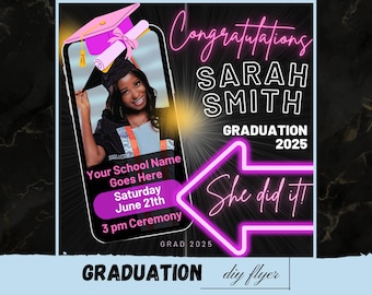 Folleto de invitación de graduación, anuncio de graduación editable y hecho a mano, plantilla para ceremonia de graduación de la clase de 2025, graduación de la escuela secundaria y la universidad