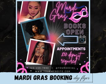 Folleto de reserva de Mardi Gras, folleto de reserva de marzo, folleto de uñas, pestañas, cabello, MUA, depilación y trenzas para Mardi Gras, folleto de reserva ahora, oferta especial de Mardi Gras