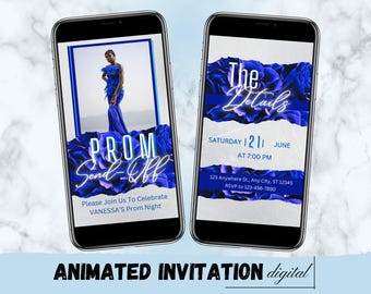 Invitación digital para la despedida del baile de graduación, invitación animada para fiesta de graduación DIY, invitación electrónica azul marino para fiesta de graduación, tarjeta electrónica editable de Canva con itinerario para la despedida del baile de graduación