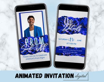 Invitación digital para despedida de graduación, invitación animada DIY para fiesta de graduación King, folleto editable azul marino para chicos, celebración de graduación para hombres animada
