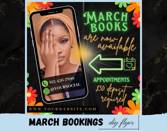 Folleto de reservas de marzo, folleto de ofertas especiales de marzo, folleto de reservas de primavera, cita de temporada de primavera, reservas de marzo abiertas Cabello Uñas Pestañas Maquillaje Trenzas