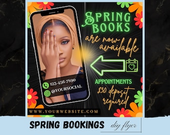 Folleto de reserva de primavera, folleto de reserva de primavera ahora, folleto de venta de primavera DIY, citas de temporada de primavera, folleto de boutique de trenzas, maquillaje, pestañas y uñas para el cabello