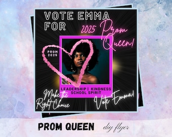 Plantilla de volante de reina del baile, volante de baile de graduación 2025, volante de campaña de baile de graduación, volante de reina del baile de graduación por votación, volante de reina del baile de graduación de escuela secundaria y universidad, rey del baile