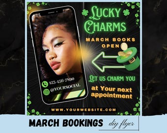 Folleto de reservas de marzo, folleto de reservas del día de San Patricio, folleto especial de amuletos de la suerte de marzo, libros de marzo, pestañas, uñas, maquillaje, trenzas