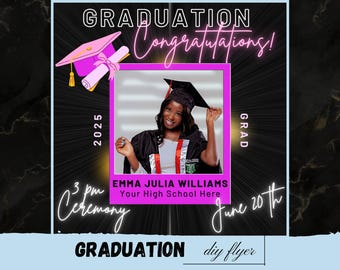 Folleto de invitación de graduación, anuncio de graduación editable y hecho a mano, plantilla para ceremonia de graduación de la clase de 2025, graduación de la escuela secundaria y la universidad
