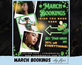 Folleto de reservas de marzo, folleto de reservas del día de San Patricio, folleto de ofertas especiales de la suerte de marzo, libros de marzo, cabello, uñas, pestañas, trenzas, maquillaje