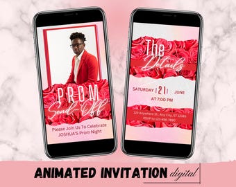 Invitación digital para despedida de graduación, invitación animada DIY para el rey del baile, fiesta roja de E-mail, itinerario editable para despedida de graduación