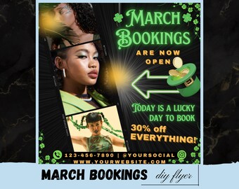 Folleto de reservas de marzo, folleto de reservas del día de San Patricio, folleto de ofertas especiales de la suerte de marzo, libros de marzo, cabello, uñas, pestañas, maquillaje, trenzas