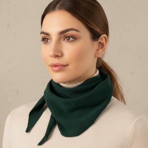 Puede incluir: Una bufanda verde oscuro atada al cuello. La bufanda tiene forma triangular y está hecha de un material suave. La persona lleva un jersey de cuello alto color crema.
