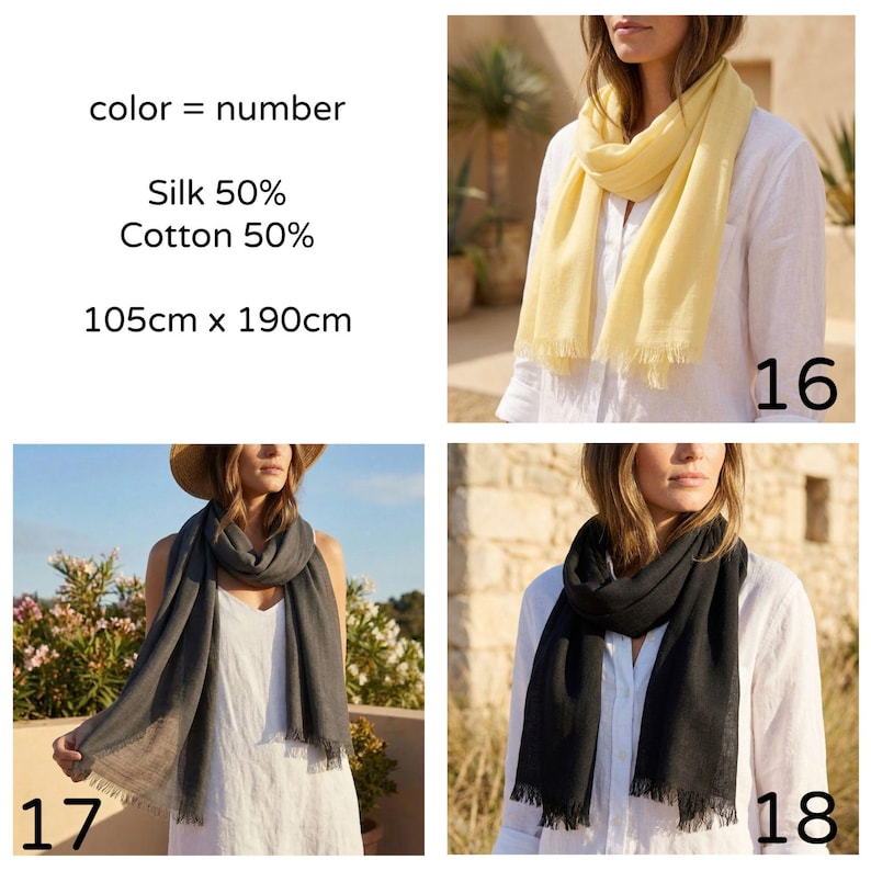 Puede incluir: Una colecci&oacute;n de tres bufandas rectangulares con flecos en los extremos. Las bufandas est&aacute;n hechas de 50% seda y 50% algod&oacute;n, midiendo 105cm por 190cm. Los colores disponibles son amarillo claro, gris oscuro y negro s&oacute;lido.