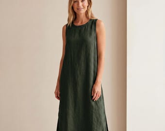 Women's 100% Linen Maxi Dress, Sleeveless Summer Dress, Loose Fit Linen Clothing, Casual Long Dress, Minimalist A-Line Dress