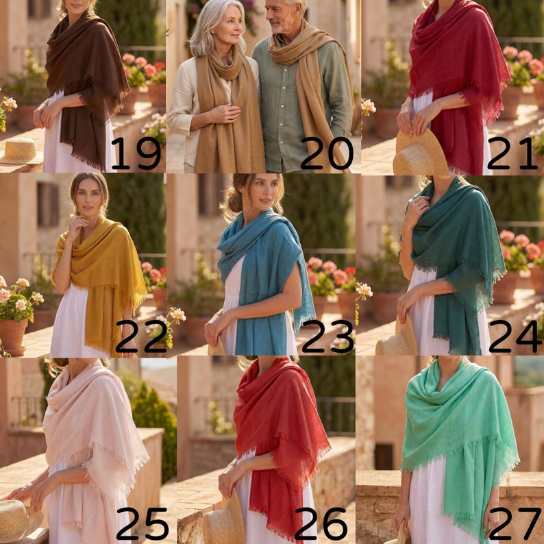Puede incluir: Una colecci&oacute;n de nueve bufandas rectangulares en varios colores s&oacute;lidos, incluyendo marr&oacute;n, beige, rojo, amarillo, azul, verde azulado, rosa y verde, cada una con una textura suave y bordes deshilachados, mostradas en una cuadr&iacute;cula numerada del 19 al 27.