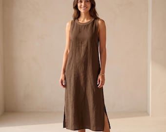 Vestido largo de lino 100% para mujer, vestido de verano sin mangas, ropa de lino de corte holgado, vestido largo informal, vestido minimalista de corte A.