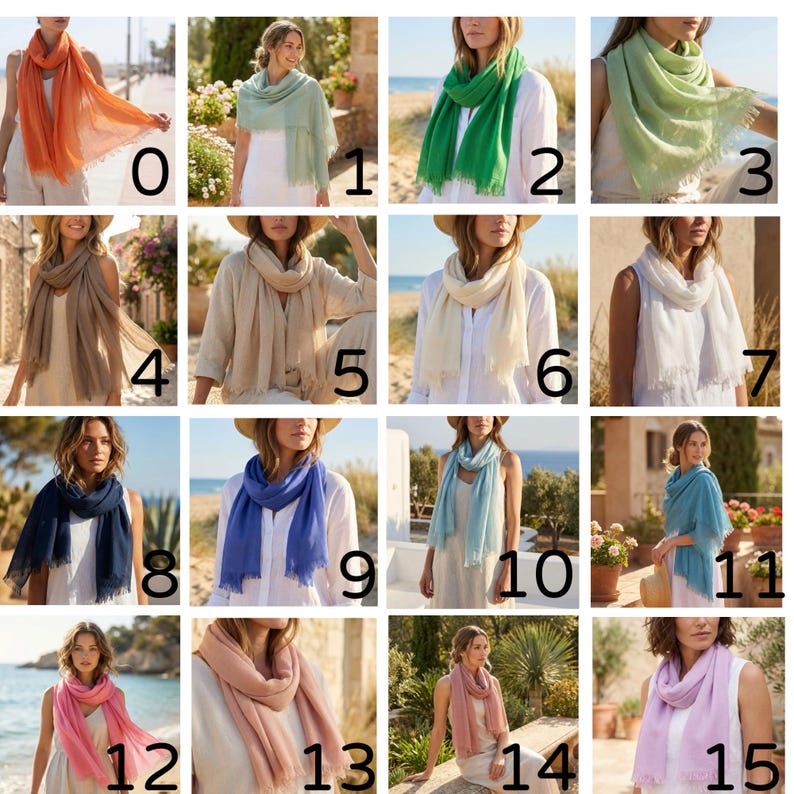 Puede incluir: Una colecci&oacute;n de diecis&eacute;is bufandas ligeras en varios colores s&oacute;lidos, incluyendo naranja, verde salvia, verde brillante, verde claro, topo, beige, crema, blanco, azul marino, azul real, azul claro, cerceta, rosa, rosa viejo, malva y lavanda.
