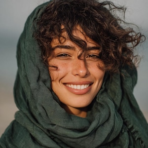 Może przedstawiać: Portret osoby z kręconymi brązowymi włosami i ciepłym uśmiechem. Ma na sobie ciemnozielony szal owinięty wokół głowy i szyi. Osoba ma piegi i patrzy prosto w kamerę.