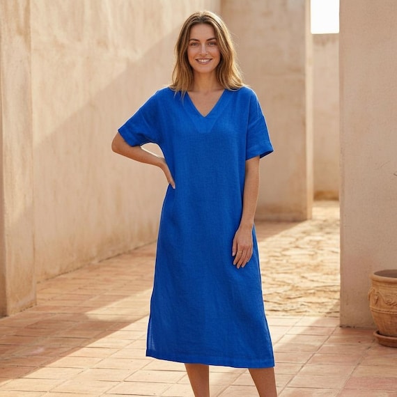 royal blue linen dress for Women – Loose Fit Midi Dress, V Neck Linen Tunic, Summer Linen Kaftan, Casual Relaxed Dress, Linen Clothing Buy Royal Blue Cotton