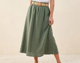 Linen Skirt Women High Waist Midi | 100% Linen A-Line Skirt | Elastic Waist Summer Skirt | Minimalist Natural Clothing Linen Skirt 6 Colors