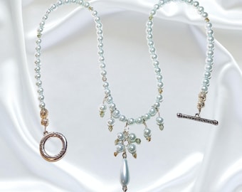 Light Blue Pearls Single Strand Statement Necklace Earrings Set