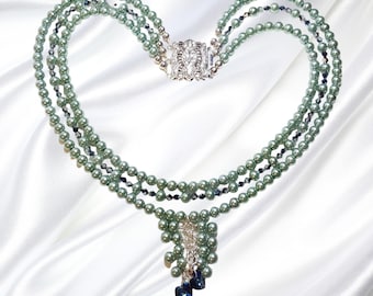 Teal Green Pearls and Crystals Triple Strand Necklace Bracelet Earrings Set Wedding Bridal