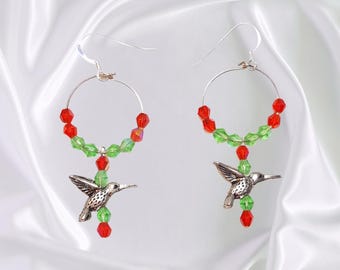 Red Green Hummingbird Charm Hoop Earrings Crystal Accents Wildlife Jewelry