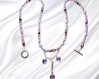 Lavender Freshwater Pearls Crystals Hearts Single Strand Statement Necklace Bracelet Set