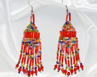Ruby Red Multi Color Southwestern Beaded Dangle Drop Chandelier Earrings