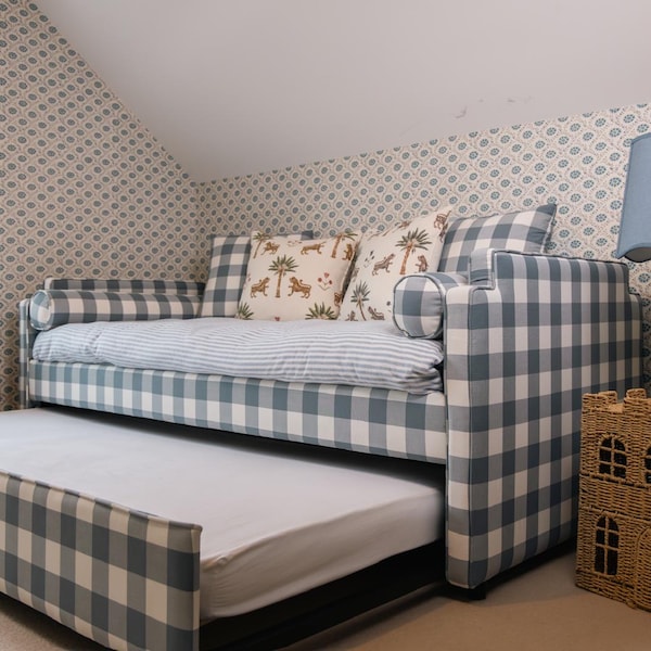 Blue Gingham Upholstered Single Bed with Pull-Out Trundle