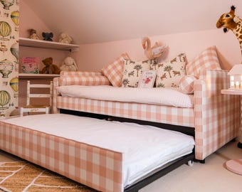 Pink Gingham Upholstered Day Bed with Pull-Out Trunk