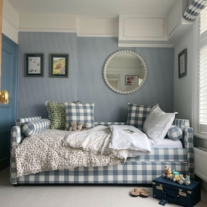 Blue Gingham Upholstered Single Bed with Pull-Out Trundle