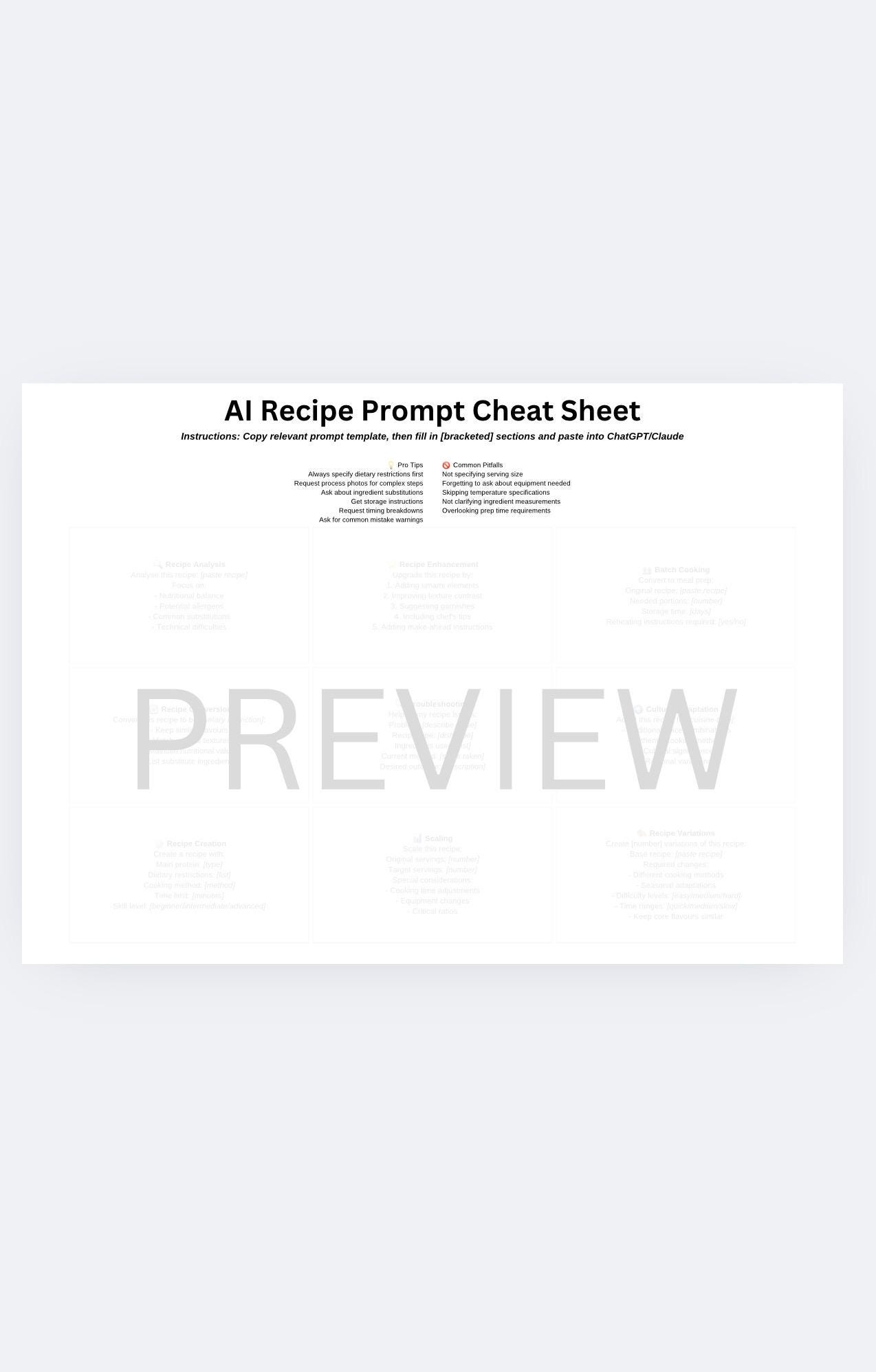 Recipe Prompting Examples AI Recipe Prompts Sheet for Chatgpt & Claude | Recipe Development ...