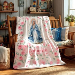 Personalized Catholic Child Blanket, Mary Ave Maria Collection, Marian Watercolor Roses, Custom Baptism, Communion, Birthday, Christmas Gift