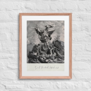 Saint Michael the Archangel Framed Art, Archangel St Michael Defend Us Vintage Art Print Framed With Mat, Gift for Him, Catholic Gift,