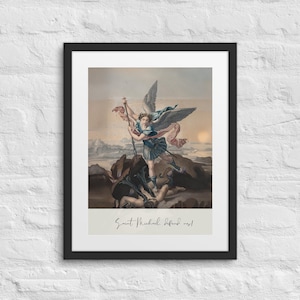 Saint Michael the Archangel Framed Art, Archangel St Michael Defend Us Vintage Art Print Framed With Mat, Gift for Him, Catholic Gift,