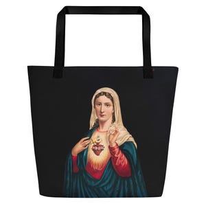 Große Tragetasche Jungfrau Maria Vintage Kunst, katholische Tasche, katholische Accessoires, Reißverschlusstasche, katholisches Geschenk für sie, Weihnachten All-Over-Print