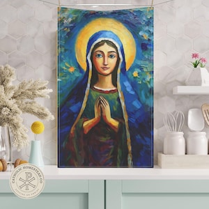 Virgin Mary Tea Towel, Virgin Mary Dish Cloth, Catholic Kitchen Decor, Catholic Gift for Her, Catholic Home Decor, Catholic Kitchen Towel