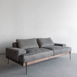 Rivera Sofa, Walnut and Steel Base, Down Cushions