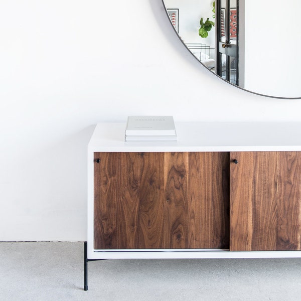 Rivera Credenza- White and Walnut with Steel Base